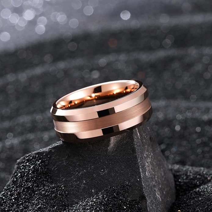 King Will Classic Tungsten Carbide Ring Brushed Two Grooved Center Hammered Design Mens Wedding Band for Men