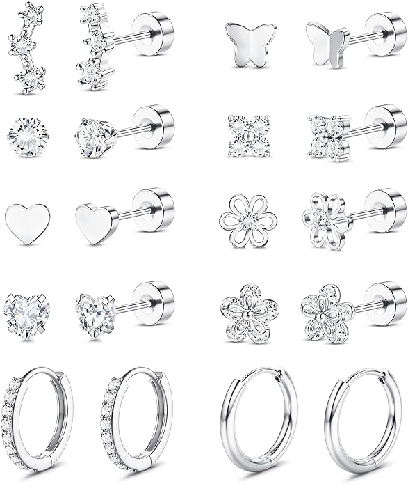 LOLIAS Flat Back Earrings for Women Girls - Hypoallergenic Surgical Stainless Steel Earrings for Sensitive Ears 14K Gold Plated Heart Flower Stud Earring Set Small Huggie Hoop Cartilage Earring Stacks