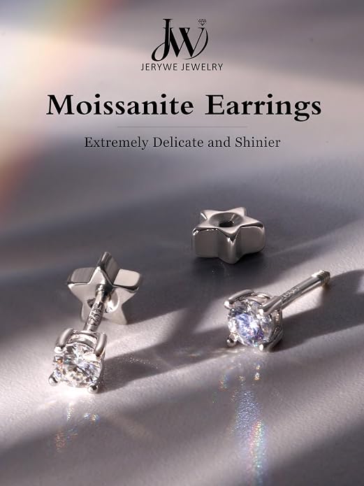Moissanite Earrings Studs - 925 Sterling Silver Earrings for Women Men 14K Gold Plated Double Sided Star Flat Back Stud Earring Hypoallergenic Small Cartilage Helix Piercing Jewelry D Color VVS1
