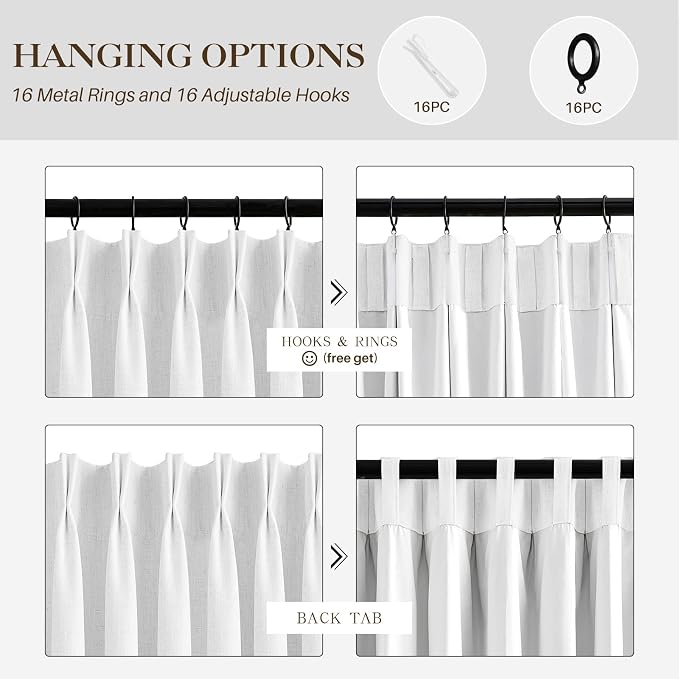 IVAPUPU Linen Pinch Pleated Full Blackout Curtains for Bedroom - Black Out White Curtains 84 Inch Long 2 Panel for Living Room Darkening Thermal 2 Pages Window Curtain Drapes with 16pc Hooks