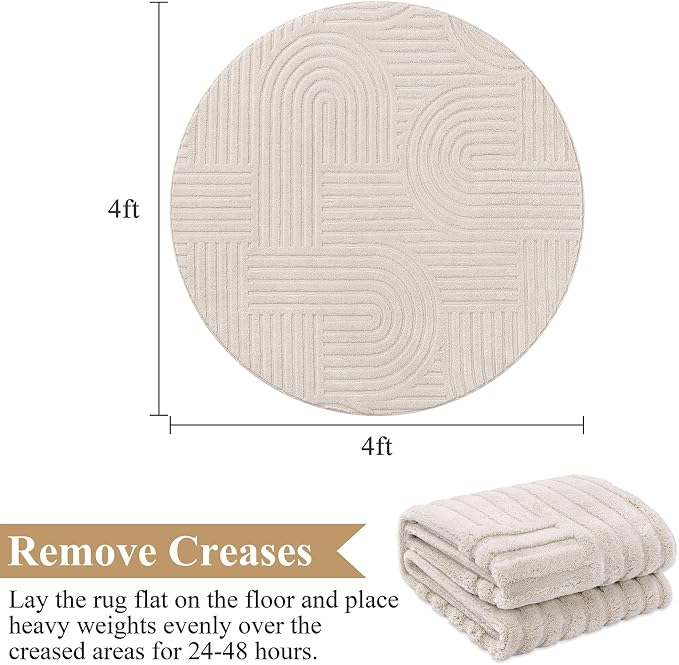 SHACOS Soft Cozy Fluffy Arch High Low Pile Round Rug 4ft Non Slip Washable Scandi Minimalist Circle Area Rug Modern Geometric Carpet for Living Room Bedroom Bathroom Kitchen, Beige