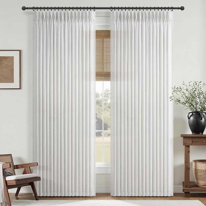 Beige White 70 Inch Extra Wide Sheer Curtains 84 Inches Long for Sliding Glass Doors, Memory Shape Pinch Pleat Flax Linen Textured Curtain Light Filtering Bedroom Window Drapes 1 Panel 7FT Length
