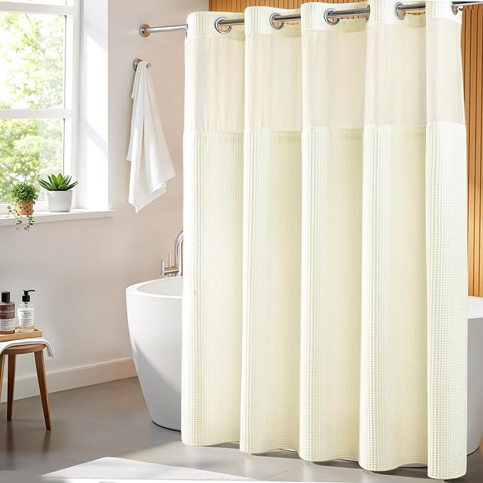 River Dream Cotton Blend Fabric Shower Curtain Set with Liner, Cream, 71x86 | Waffle Weave, No Hook Needed, with Snap in Replacement Liner, Top Sheer Window, Hotel Quality for Bathroom, Extra Long