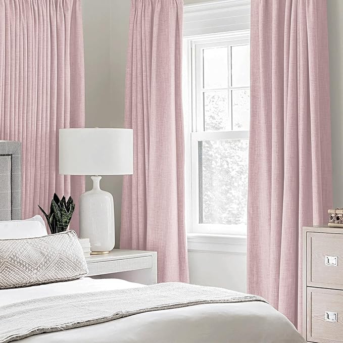 MIULEE Linen Texture Curtains for Bedroom Solid 100% Blackout Thermal Insulated Pink Curtains Grommet Room Darkening Drapes for Living Room 52x96 Inch (2 Panels)