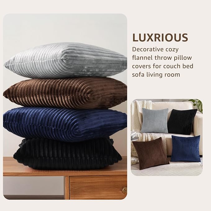 decorUhome Flannel Neutral Grey Throw Pillow Covers 18X18 Set of 4 | Decorative Fall Soft Fluffy Striped Double-Sided Couch Pillow Covers, Modern Farmhouse Pillow Cases for Sofa bed Home Decor