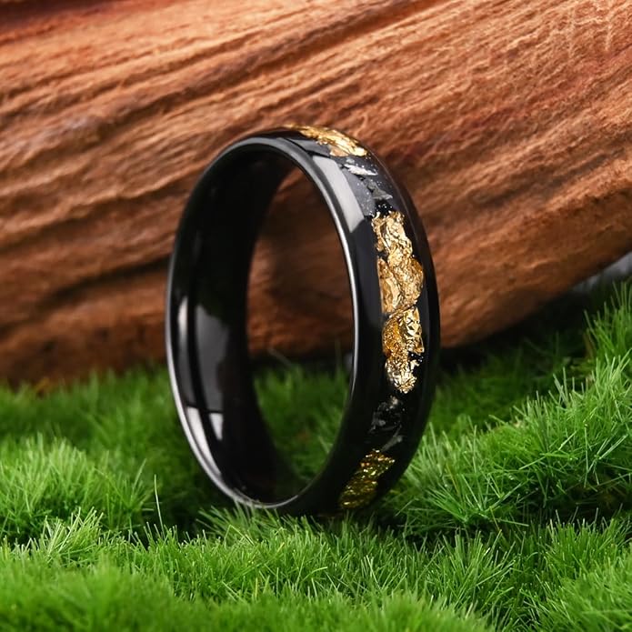 Black Tungsten Carbide Rings for Men Women 8mm/6mm Men's Wedding bands Inlaid with Gold Foil Meteorite Fragments, High Polishing and Comfortable fit