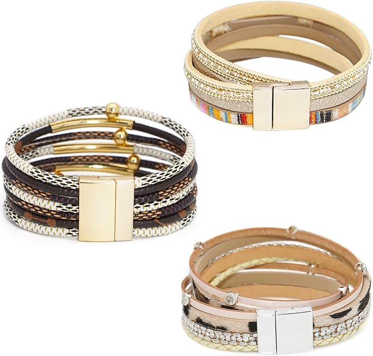 Wowanoo 3Pack Leather Cuff Bracelet Set Multilayer Wrap Bracelet Crystal Feather Tree Bracelet Magnetic Clasp Bracelet for Women
