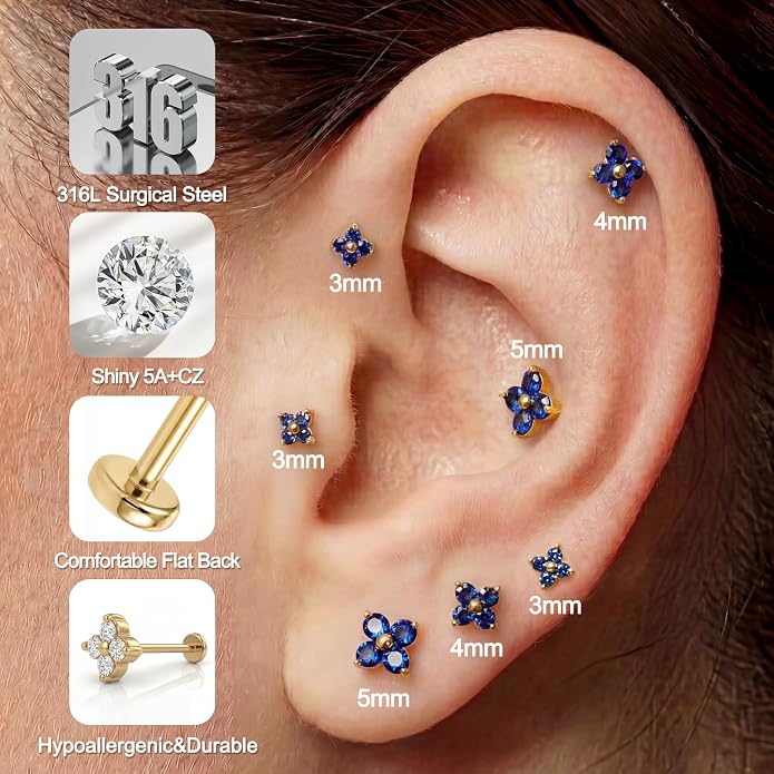 FANSING Short Threadless Cartilage Earring Stackable CZ Birthstone Flat Back Earrings for Women Small Stud Earrings for Tragus Helix Earlobe 18K Gold Plated ‌Rainbow 5.0mm
