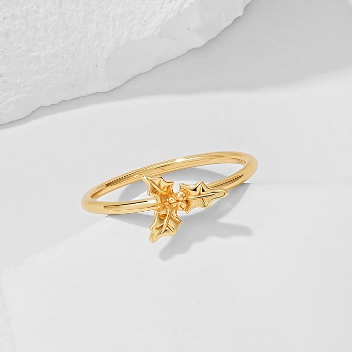 Birth Flower Ring for Women 14K Gold Plated Floral Minimalist Stackable Finger Jewelry Birthday Gifts