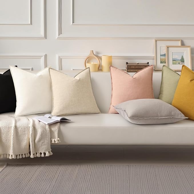 decorUhome Fall Mustard Yellow Linen Throw Pillow Covers 24x24 Set of 2 | Decorative Soft Cozy Modern Farmhouse Boho Accent Pillow Cases with Flange Edges for Couch Bed Sofa Living Room Home Decor