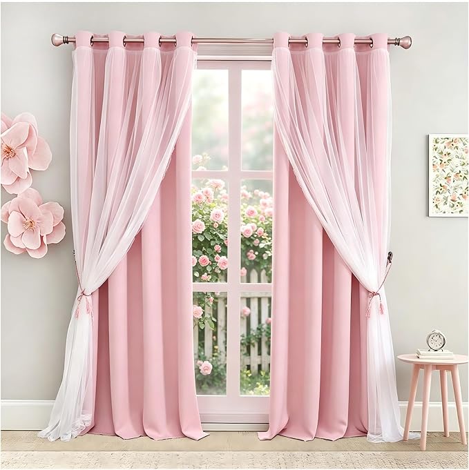 Pink Double Layer Curtains 90 Inch Length- Baby Pink Blackout Curtains with White Sheer Voile for Bedroom, Living Room and Nursery, Girl's Blocking Curtains, 52 x 90 inch