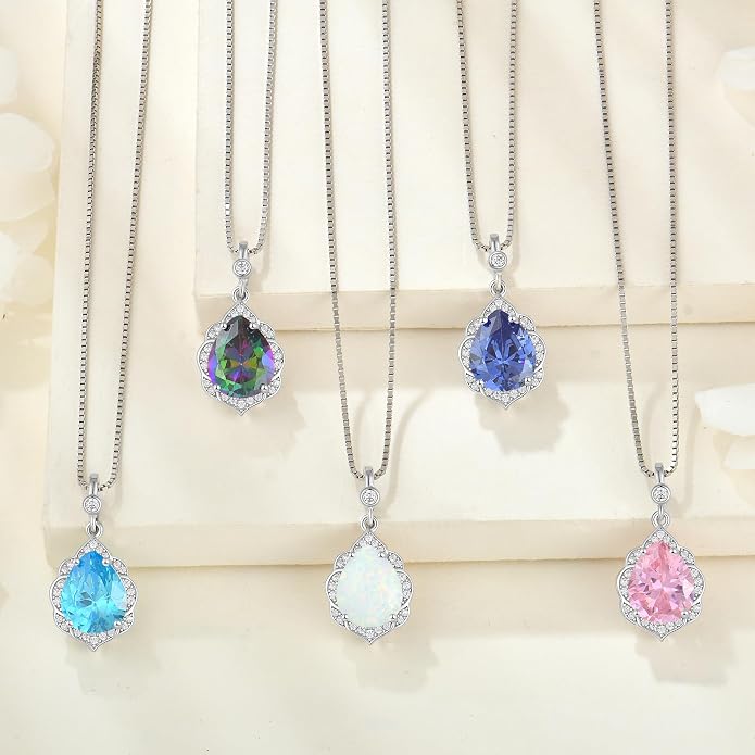 Fahonie Birthstone Necklace for Women 925 Sterling Silver Teardrop Gemstone Pendant Necklace Anniversary Birthday Christmas Cubic Zirconia Jewelry Gifts for Women Mom