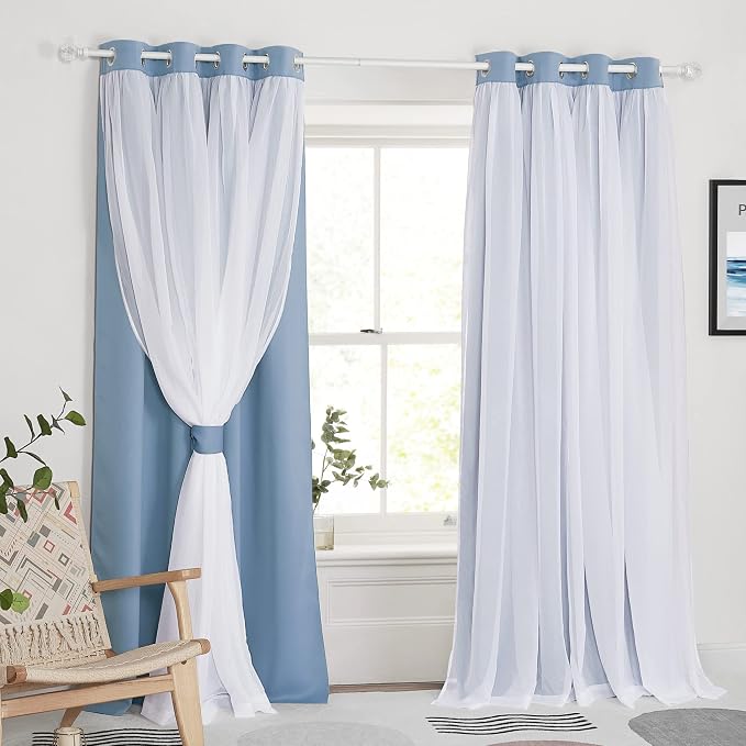 PONY DANCE Curtains for Living Room - 84 inches Long Sheer Curtains with Blackout Panels Double Layered Blackout Home Decor, 52-inch Wide, Shadow Blue, Set of 2