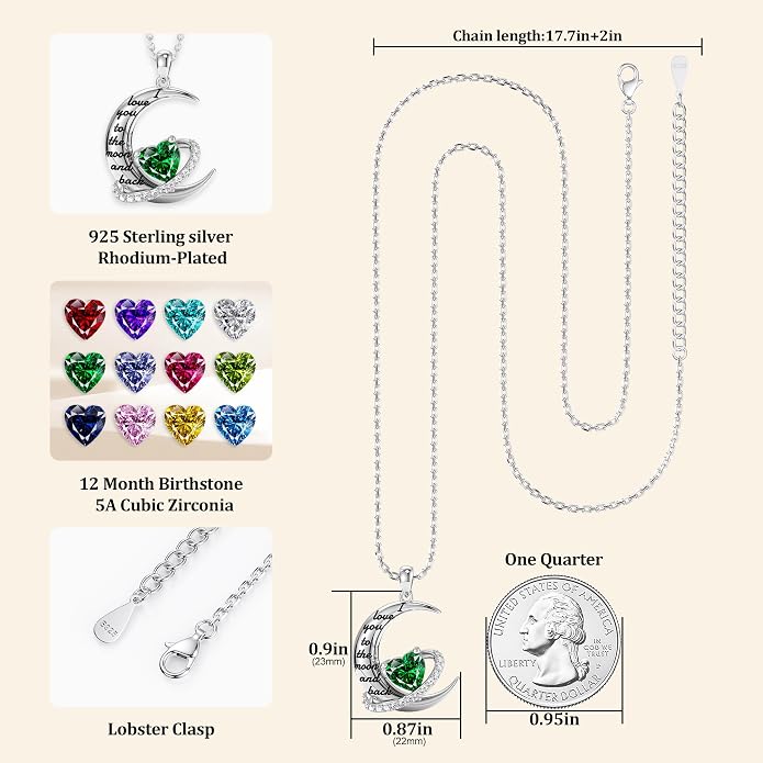 Distance I Love You to The Moon and Back Necklace for Women, S925 Sterling Silver Forever Love Heart Birthstone Necklace, Anniversary Birthday Jewelry for Wife Lover