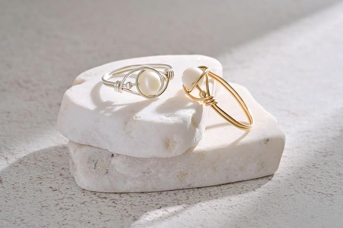 Handmade Gold Filled Wire Wrapped Ring with Fresh Water Pearl, Gold & Silver