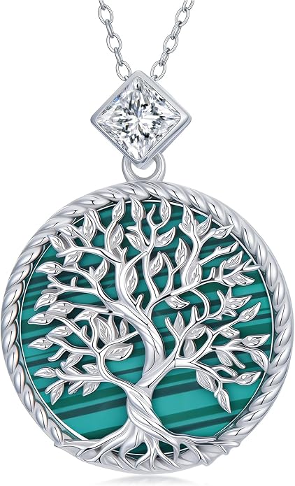 Tree of Life Moissanite Necklace, 925 Sterling Silver 0.5 Carat Moissanite Abalone Shell/Opal/Black Onyx/Turquoise/Malachite/Tiger Eye Stone Tree of Life Pendant Necklaces Jewelry Gift for Women Mom