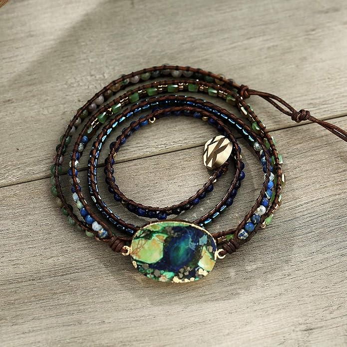 Plumiss Women Boho Handmade Natural Stone Crystal Leather Bead Wrap Bracelets Collection
