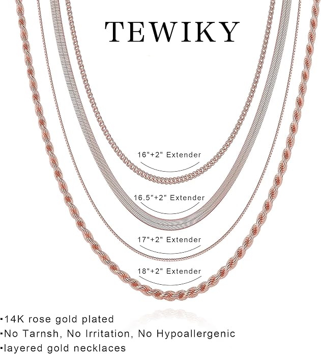 Tewiky Layered Necklaces for Women Non Tarnish- Chunky 14k Gold Plated Herringbone/Snake/Rope/Box/Cuban Link Chain for Women Waterproof Layering Stack Choker Necklace Trendy Dainty Tarnish Free Jewelry Set