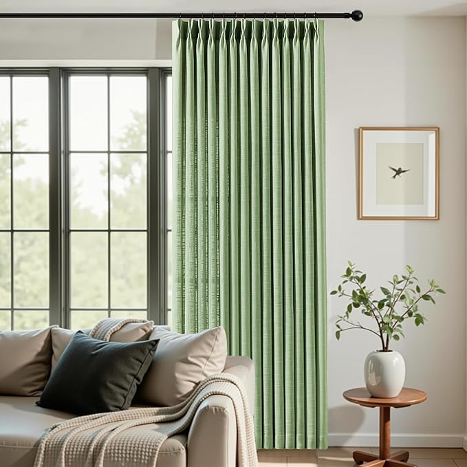 Sage Green Pinch Pleated 84 Inch Curtains for Living Room, Privacy Semi Sheer Curtain with Pleated Hooks Modern Linen Blend Memory Trained Back Tab Drapes for Bedroom Office, 2 Panels, W40xL84