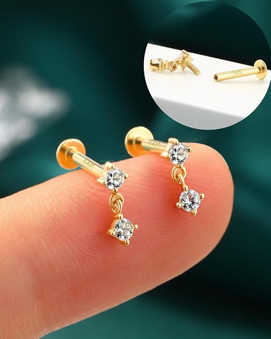 COCHARM 14K Gold Helix Cartilage Tragus Earring Stud Flat Back16g Real Gold Conch Helix Tragus Piercing Jewelry Dangle 14Kt Lip Labret Stud Internally Threaded