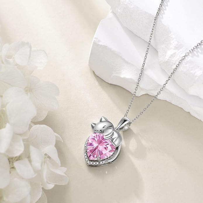 Cat Necklace Sterling Silver Cat Zircon Pendant Gothic Jewelry for Women Animal Lovers Gifts