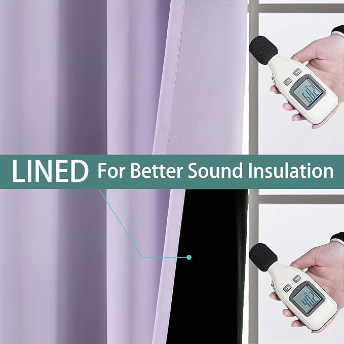 Yakamok Lilac 100% Blackout Curtains 63 Inches Long for Bedroom 62" Wide | Blackout Curtain Panels for Bedroom, 2 Thick Layers Grommet Top Thermal Insulated Drapes with Black Liner for Living Room