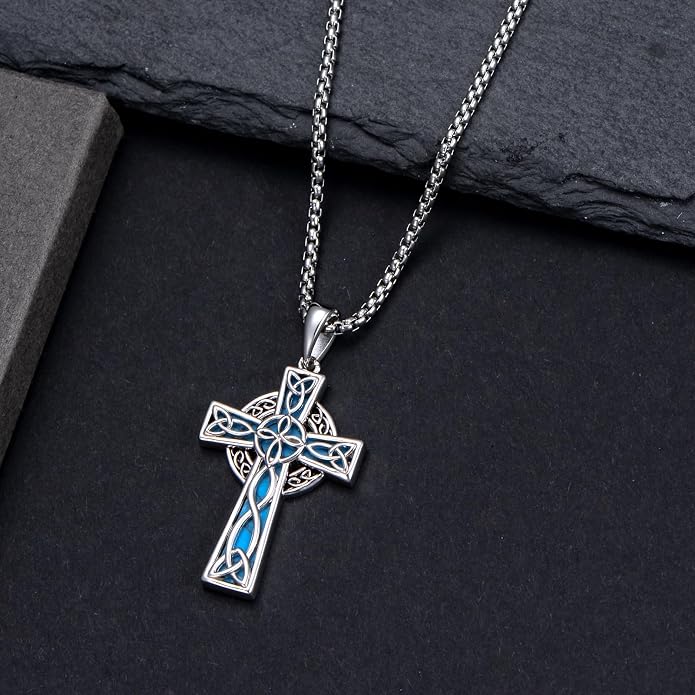 HPQQ Cross Necklace 925 Sterling Silver Turquoise Tree of Life Celtic Knot Cross Pendant Jewelry Mother's Day Gifts for Women