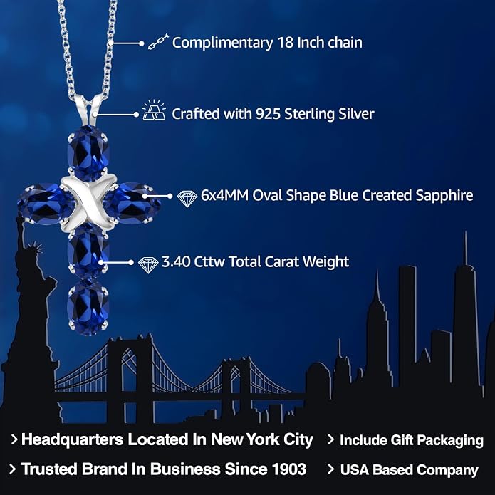 Gem Stone King Cross Pendant Necklace for Women | 925 Sterling Silver | 6X4MM Gemstone Birthstone | Jesus Christian Religious Crucifix Jewelry Gifts | 18 Inch Chain
