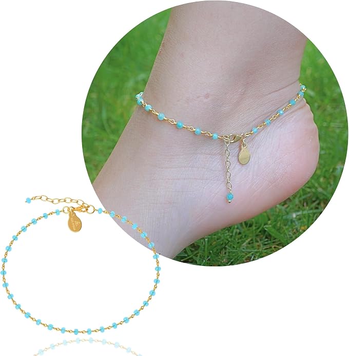 Dainty Gemstone Anklet for Women – 10 Inch Adjustable Anklet with 1 Inch Extender, Gold or Silver Plated Foot Jewelry, Minimalist Boho Style Gift