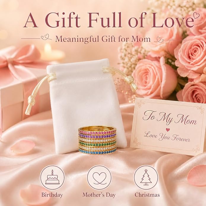 Birthstone Rings For Women, Silver Stackable Cubic Zirconia Stainless Steel Birth Stone Ring To My Daughter/Mom Birthday Unique Gifts Jewelry
