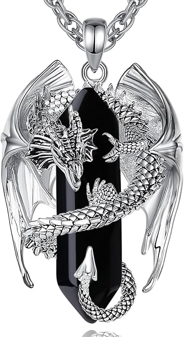 INFUSEU Unique Dragon Necklaces with Healing Crystal Stone for Men Women, Personalized Spiritual Gifts, 24 Inch Chain