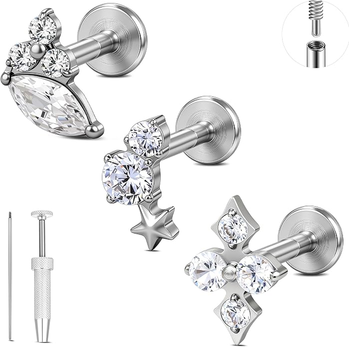 G23 Titanium 18K Gold Filled 16G Cartilage Earring 3PCS | Flat Back, 6mm 8mm, Conch Helix Tragus Lobe, Stud Labret Piercing Jewelry, For Women