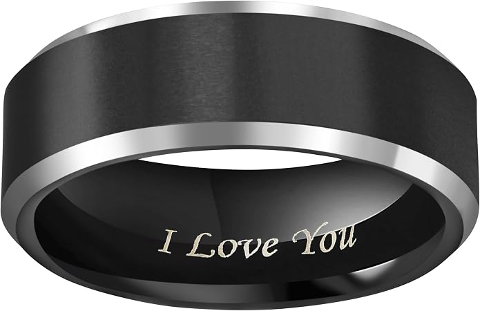 CROWNAL 4mm 6mm 8mm Black Tungsten Couple Wedding Bands Rings Men Women Polished Beveled Edges Matte Brushed Finish Engraved I Love You Size 3.5 To 17