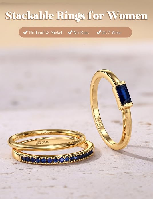 Gold Stackable Birthstone Rings for Women - 18K Gold Filled Non Tarnish Dainty Gold Stacking Rings Set - Cubic Zirconia Thumb Knuckle Ring Wedding Engagement Ring for her Gifts Size 6 7 8 9 10 3pcs