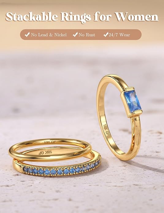 Gold Stackable Birthstone Rings for Women - 18K Gold Filled Non Tarnish Dainty Gold Stacking Rings Set - Cubic Zirconia Thumb Knuckle Ring Wedding Engagement Ring for her Gifts Size 6 7 8 9 10 3pcs