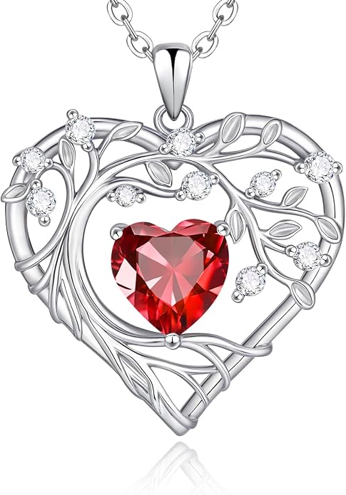 Tree of Life Birthstone Pendant Necklace - 925 Sterling Silver Heart Cubic Zirconia Diamond Women Pendant Necklaces for Her Daughter Girlfriend Birthday Gift Ideas for Wife Mom for Valentines Day