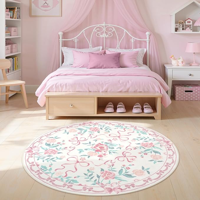 Collive Pink Bow Round Rugs for Girls, 4ft Floral Washable Circle Rug for Bedroom, Cute Ultra-Thin Non Slip Indoor Decor Carpet for Nursery Kids Room Playroom Living Room