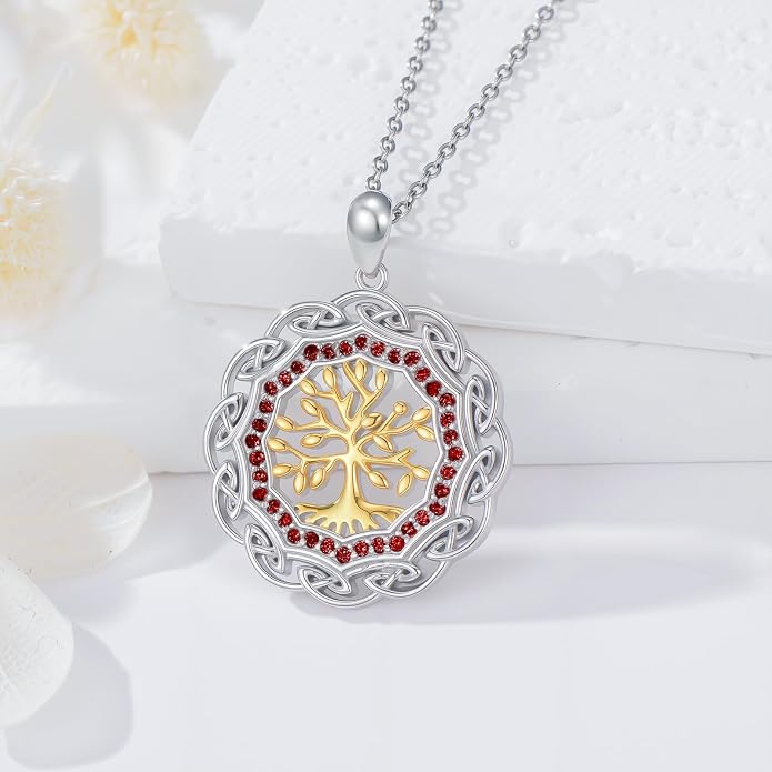Sterling Silver Birthstone Celtic Tree of Life Necklace, 18K Gold Plated Colored Gemstone Tree of Life Pendant Two-Tone Necklaces Jewelry Birthday Gifts for Women 18" - 20"