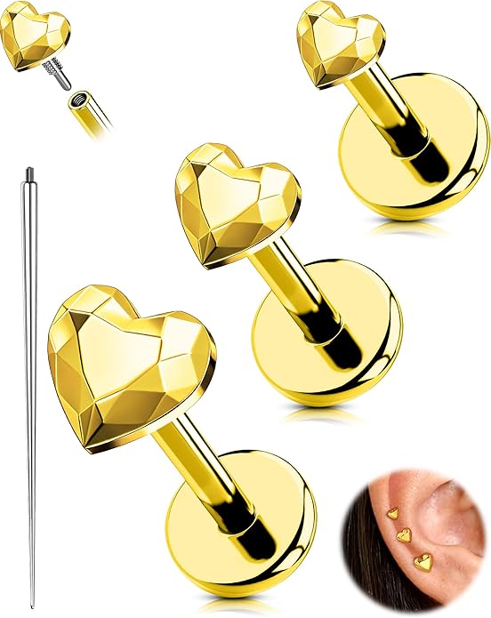 OUFER 18G 6/7/8MM Flat Back Cartilage EarRings-3PCS Gold Titanium Extended Internally Threaded Lip Piercing 2/3/4MM Round Clear CZ Helix Piercing Jewelry