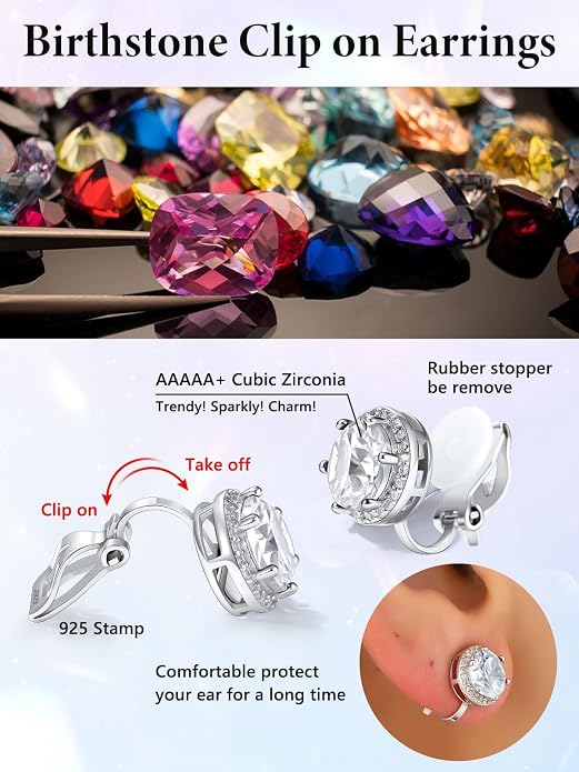 Silvora 925 Silver 8MM Cubic Zirconia Birthstone Clip On Stud Earrings Round Non Pierced Earrings For Women,Come with Box