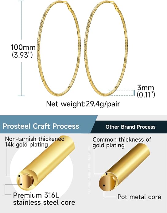 PROSTEEL 30/40/60/80/100mm Chunky Hoop Earrings For Women Gold Plated/Black Stainless Steel Hoops Earrings Statement Jewelry