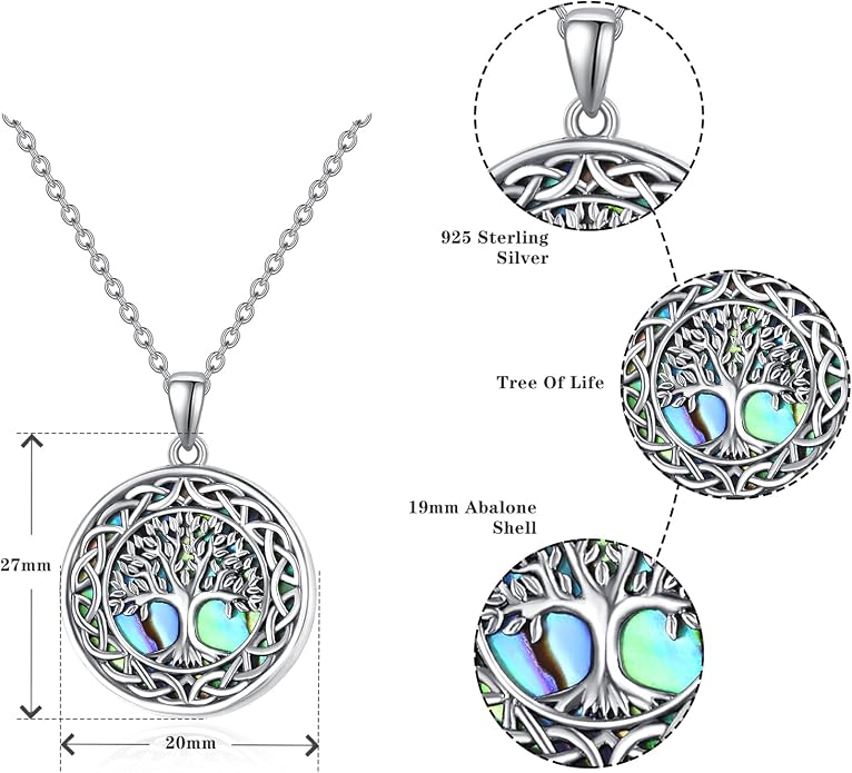 Tree of Life Necklace for Women – Sterling Silver Nature-Inspired Dainty Round Pendant, Green Abalone Shell Inlaid - Spiritual Jewelry Gift