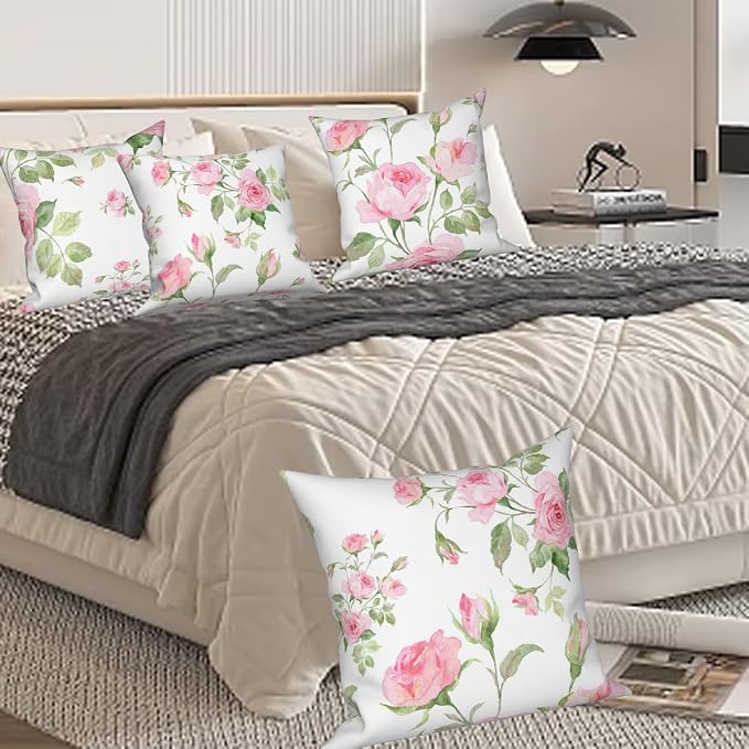 Pink Roses Throw Pillow Covers Blooming Floral Set of 4 Vintage Countryside Small Flower Green Leaves Linen Square Pillowcases for Couch Sofa Bedroom Patio Farmhouse Chair 16x16 Inch