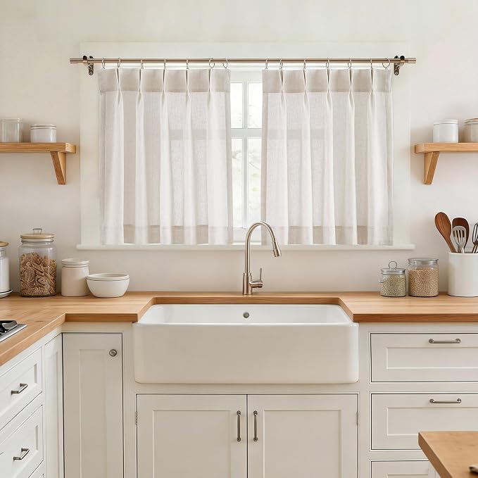 Vision Home Natural Linen Pinch Pleated Tier Curtains 30 inch, Semi Sheer Kitchen Curtains with Back Tab & Hooks, Light Filtering Small Window Panels for Bathroom Laundry, 25" Wx30 Lx2