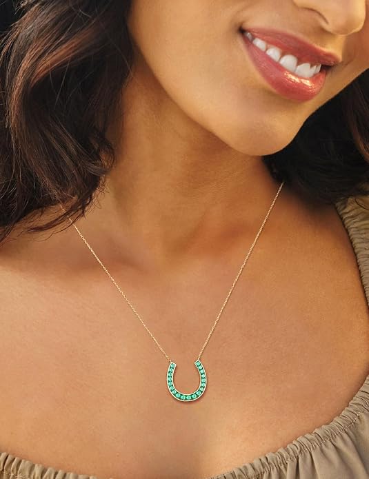 Luck Horseshoe Necklace 14K Gold Plated/Sterling Silver Created Gemstone Pendant with Chain Channel Set U Shaped Charm Necklace Birthstone Jewelry