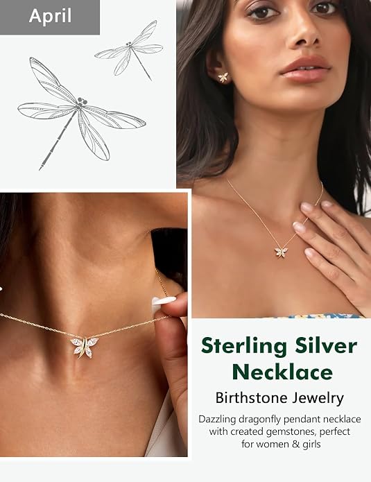 925 Sterling Silver Birthstone Necklaces for Women, Dainty Cute Dragonfly/Butterfly Pendant Necklace, Great Christmas/Anniversary Jewelry for Mother