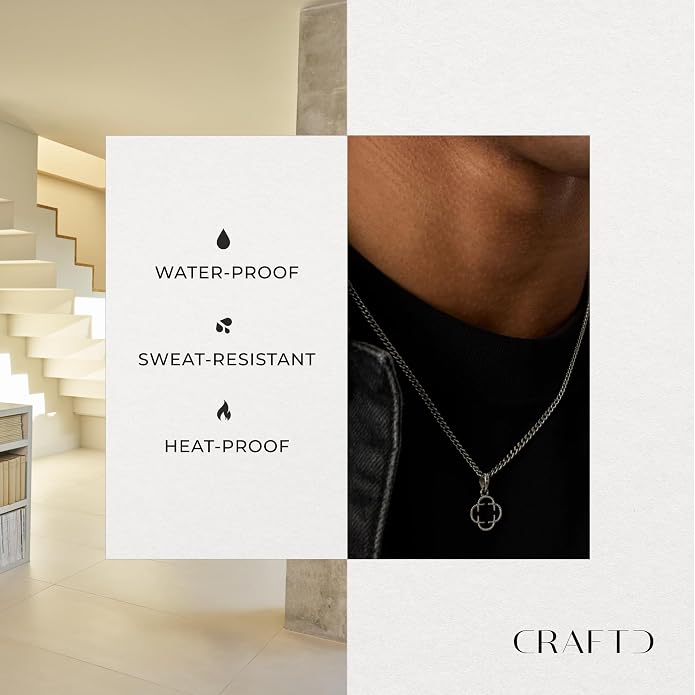 CRAFTD - Black Onyx Clover Stone Pendant Necklace - A Symbol of Luck - 20.5" (2mm) Cuban Link Chain - Mens Jewlery - Hypoallergenic - Waterproof, Heat & Sweat Resistant