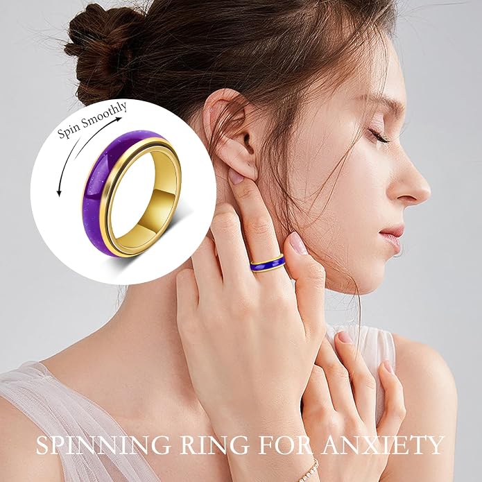 Mood Fidget Ring for Women Teens - 6mm Stainless Steel Temperature Sensative Color Changing Spin Rings for Anxiety Relief Mood Jewelry