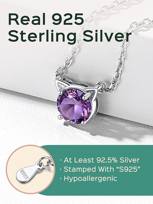 ChicSilver Bow and Cat Birthstone Necklace, 925 Sterling Silver Pendant Necklaces for Women, Hypoallergenic Silver Choker with 16 inch Rolo Chain, 12 Months Jewelry for Valentines Mothers Day Christmas