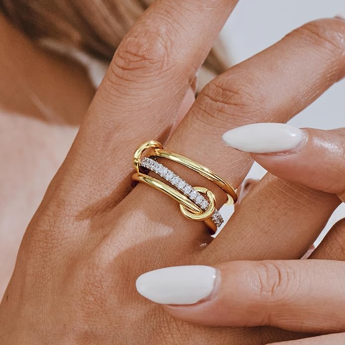 AllenCOCO 14K Gold Plated Stackable Rings, 3 Ring Set with CZ Cubic Zirconia, Gold & Silver Stacked, Interlocking Band for Women Statement